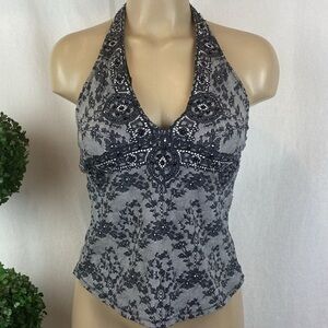 Jantzen Gray & Black Floral Rhinestone Embellished One Piece Swim Suit Size 8